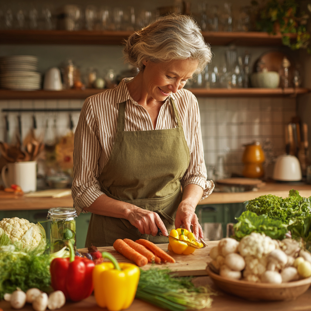50 years old woman preparing healthy meal with fresh vegetables and nutritious ingredients