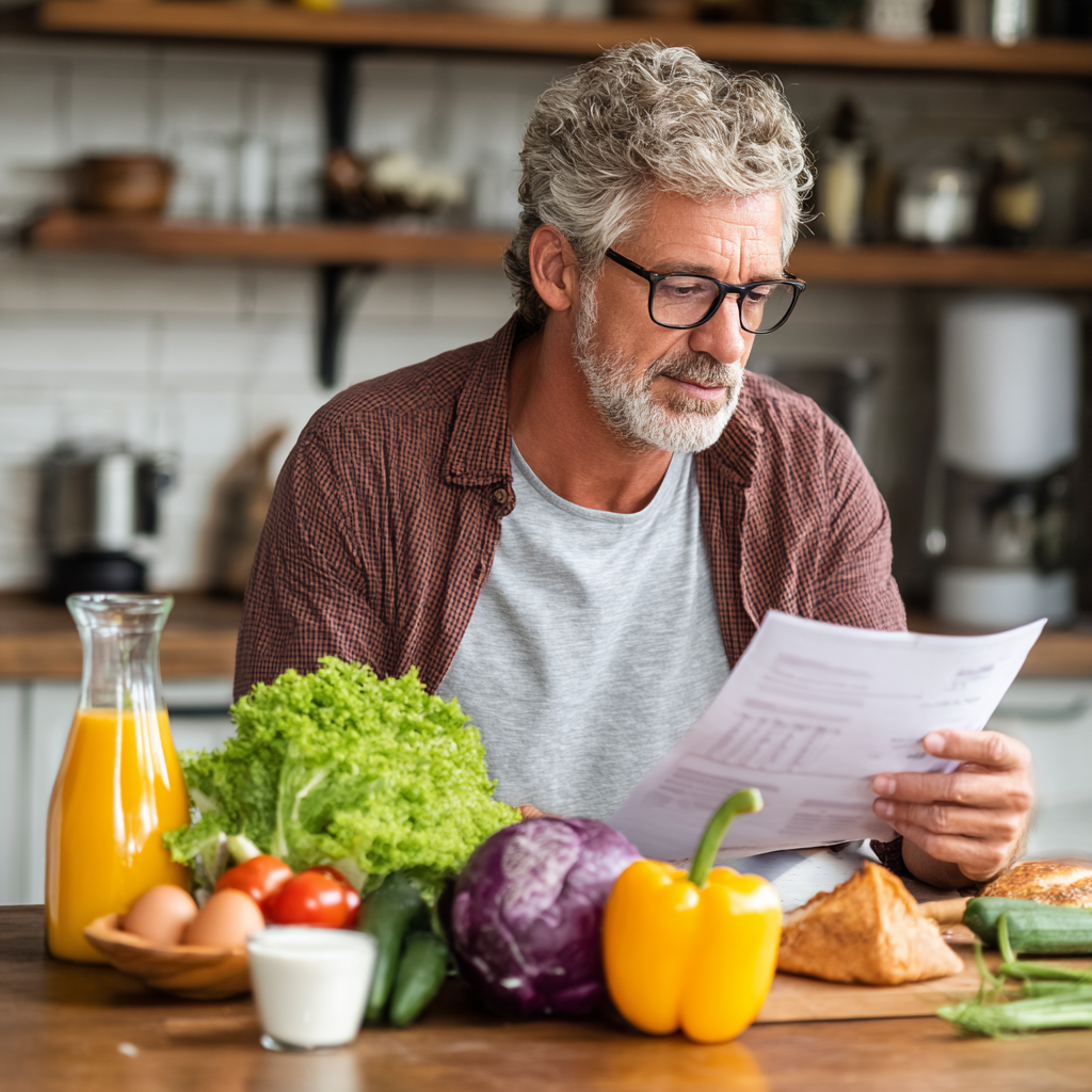 51 years old man reading nutrition plan while sitting at kitchen table with healthy food ingredients