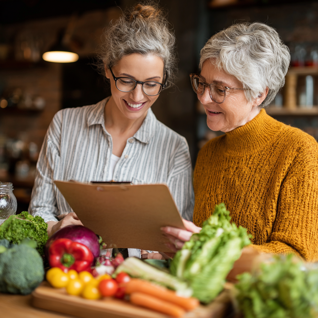 52 years old woman consulting with nutrition specialist about healthy meal planning and dietary goals