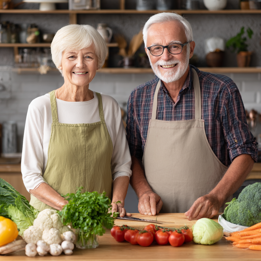 53 years oldHealthy senior couple cooking together using nutrition plan from durnivalek dietary service